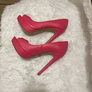 Pink peep toe platform heels